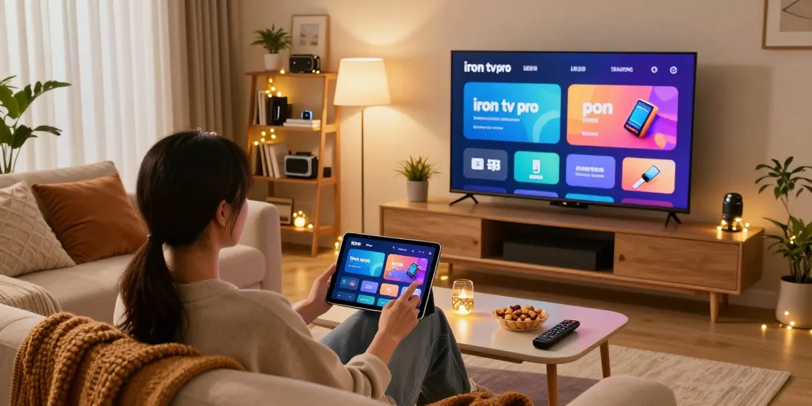 Salle de séjour confortable avec une personne utilisant iron tv pro sur une tablette, décor moderne et éclairage d'ambiance.