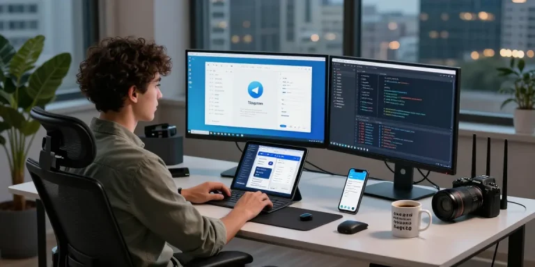 Developer working on telegram china apk in a modern workspace with coding screens and city view.