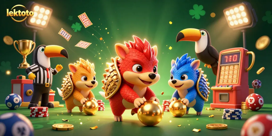 Engage in Lektoto lottery excitement with a cartoon pangolin showdown amidst vibrant gaming elements.
