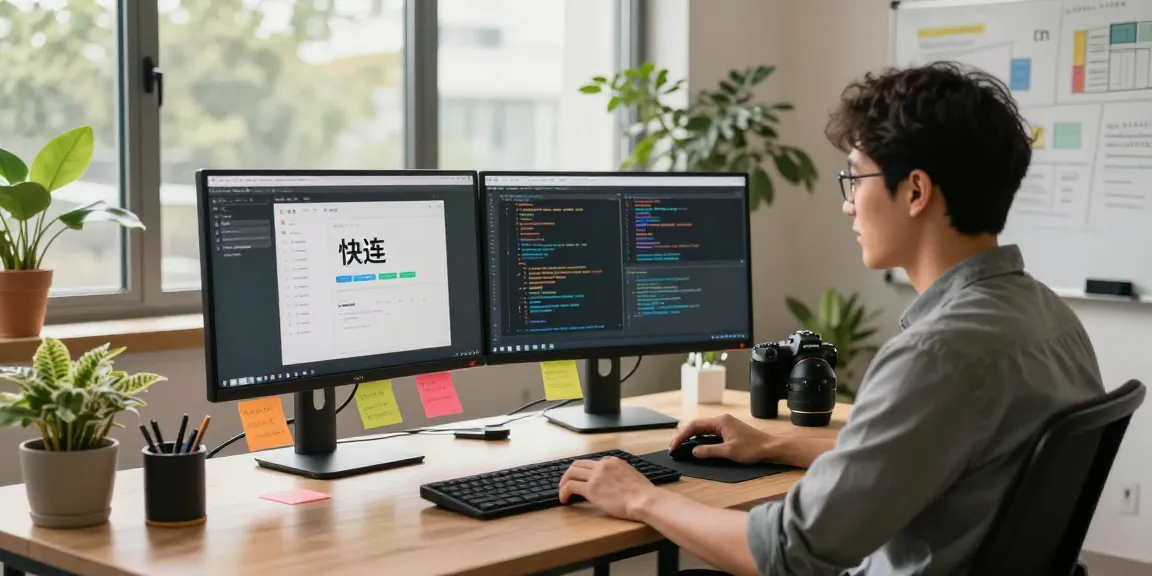 快连 application interface displayed on dual monitors in a modern coding workspace, showcasing a productive software development environment.
