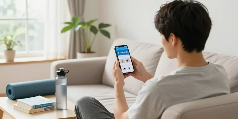キトー君の口コミをスマホで確認しながらリラックスしている男性のシーン
