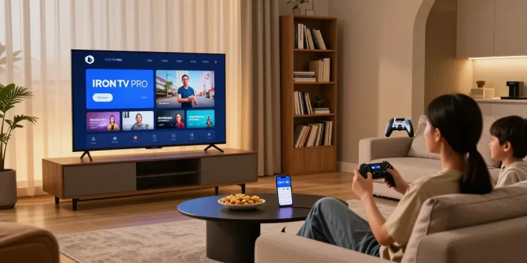 Famille profitant d'IRON TV PRO sur un grand écran avec des collations et une atmosphère cosy.