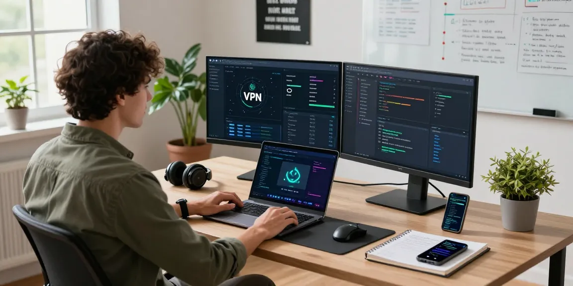 快连VPN优化工作空间，技术专家在现代办公桌前使用双屏显示网络分析工具，周围环境舒适且充满活力。