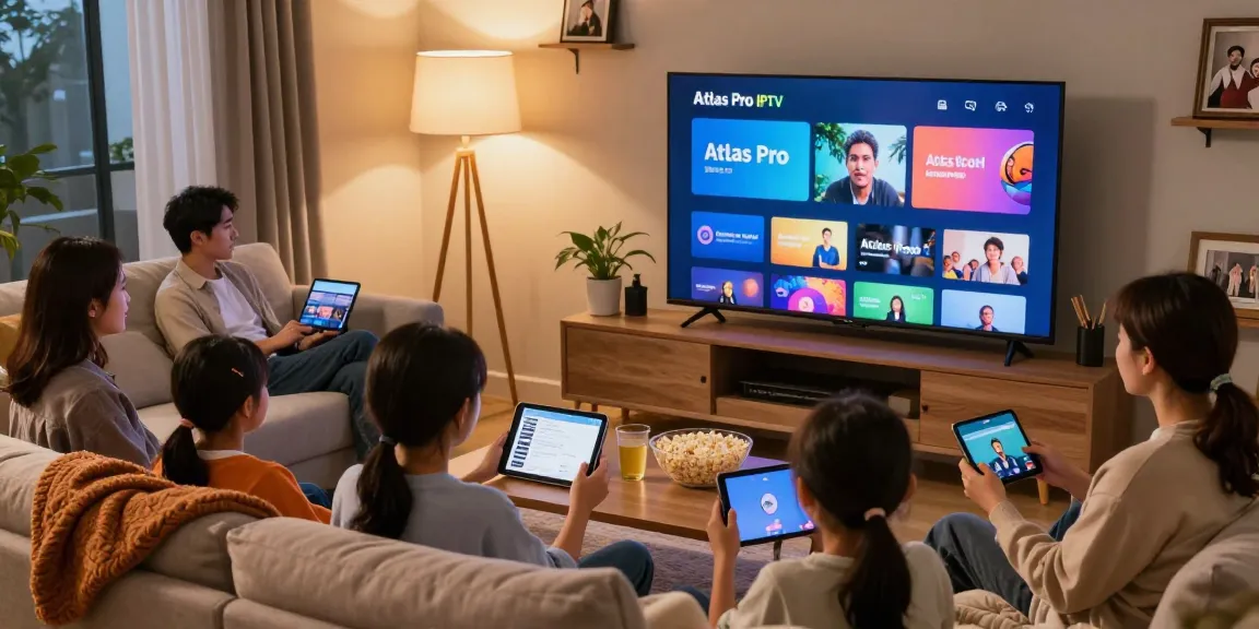 Family enjoying Atlas Pro IPTV on smart TV in cozy living room.