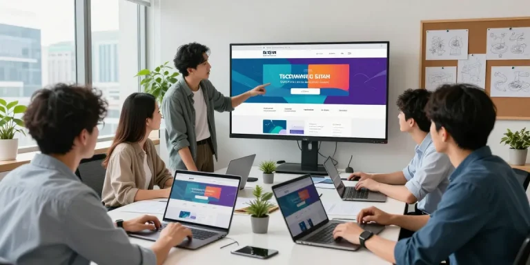 Collaboration in a modern web design office, showcasing a leading 網站 設計 公司 in Hong Kong.