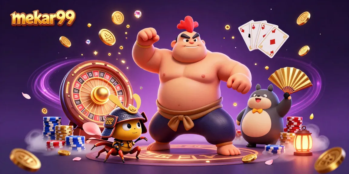 Mekar99 offers engaging online gaming with golden coins, roulette wheels, and vibrant characters.