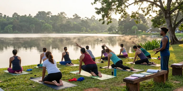 Engaged students in yoga teacher training Sri Lanka practicing Vinyasa poses by Koggala Lake at sunrise