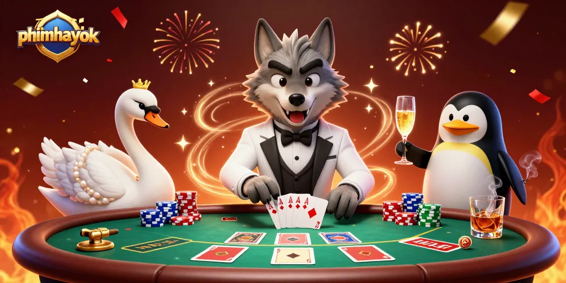 Engage in gameplay excitement at phimhayok with a vibrant 3D casino scene featuring card games and characters.