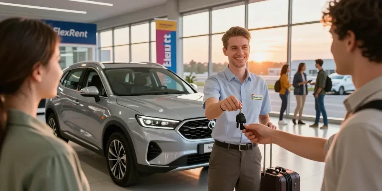 FlexRent car rental services at Chișinău Airport, showcasing friendly staff and ready-to-explore vehicles.