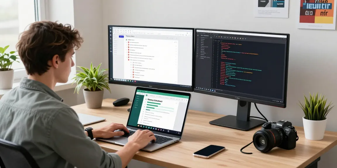 Using WhatsApp網頁版 on a laptop in a bright tech workspace with dual monitors.