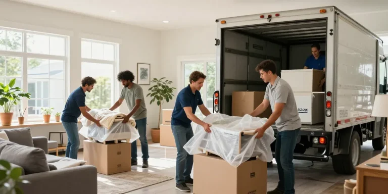 Cullen moving team professionally packing furniture and boxes during a residential move in a bright living room.