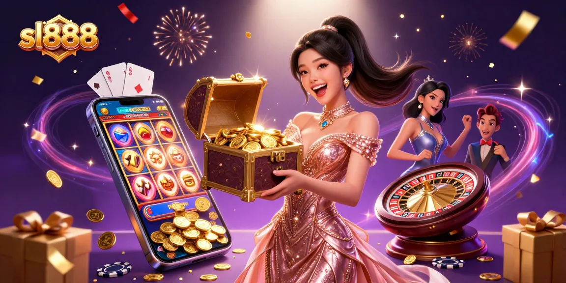 Experience winning strategies with sl888 in an exciting casino scene filled with treasures and gaming elements.