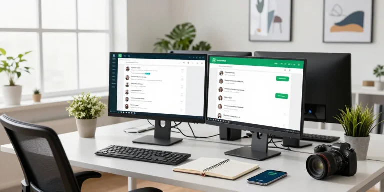 Using WhatsApp網頁版 on a desktop, with notifications and a notebook in a modern office workspace.