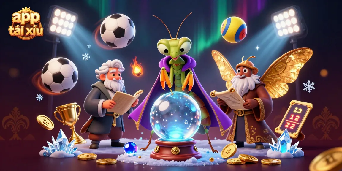 Engage with the app tài xỉu featuring a mystical scene of fortune tellers and sports elements.