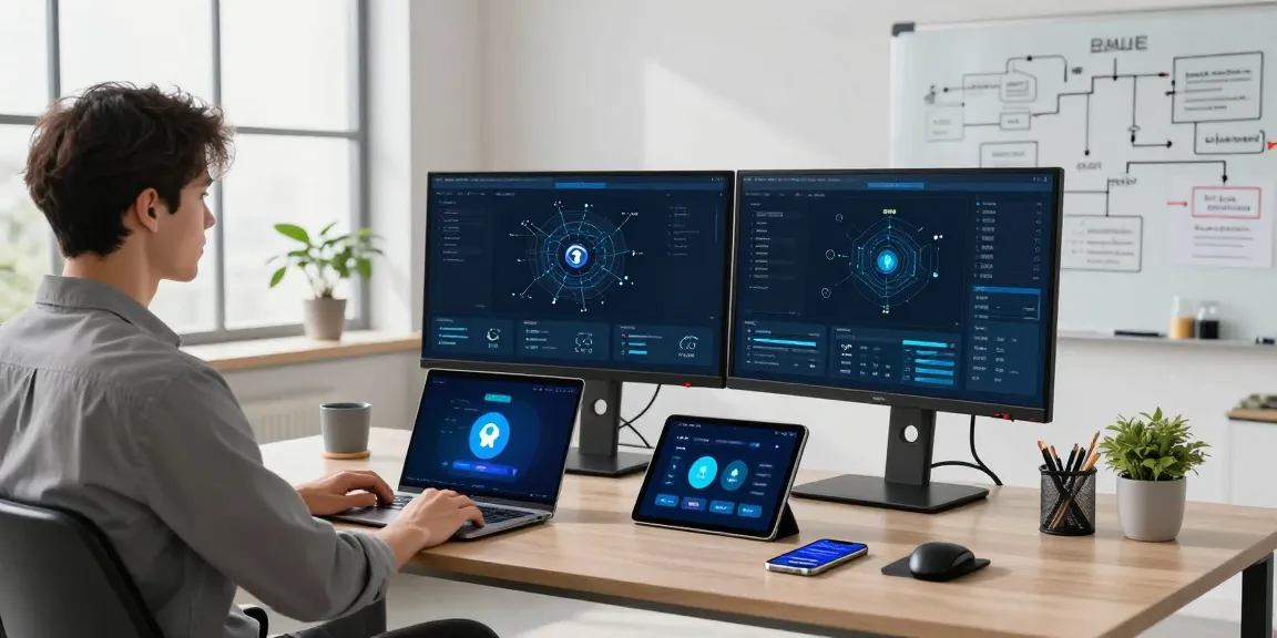 快连 provides a seamless network acceleration experience in a modern tech workspace with multiple monitors and devices.