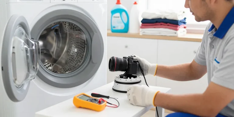 Expert technician performing Dryer Repair in a bright laundry room, showcasing tools and disassembled parts for effective service.