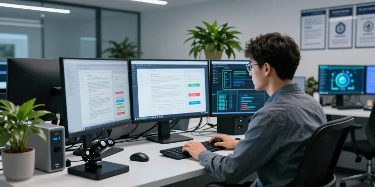 Detect fraud in PDF documents with advanced AI technology at a high-tech lab workspace.