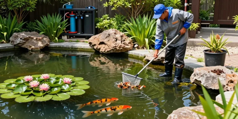 Professional Pond Cleaning Essex services in action with skilled cleaner inspecting a serene pond.