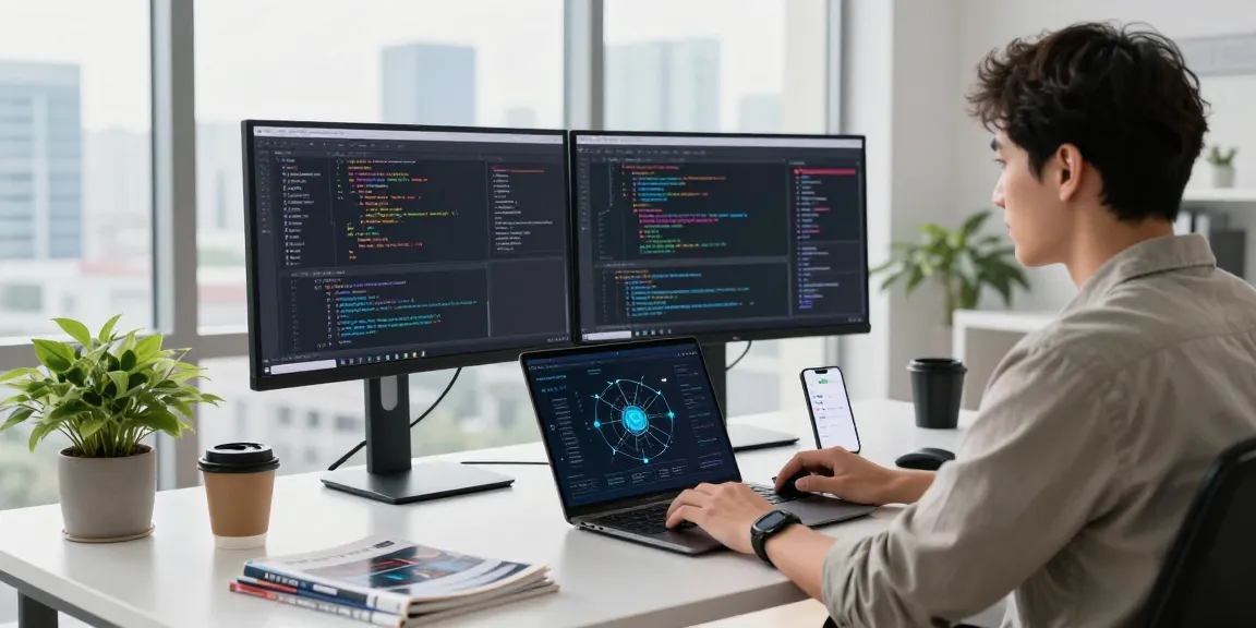 快连 network acceleration technology in a modern workspace with developers coding on dual monitors.