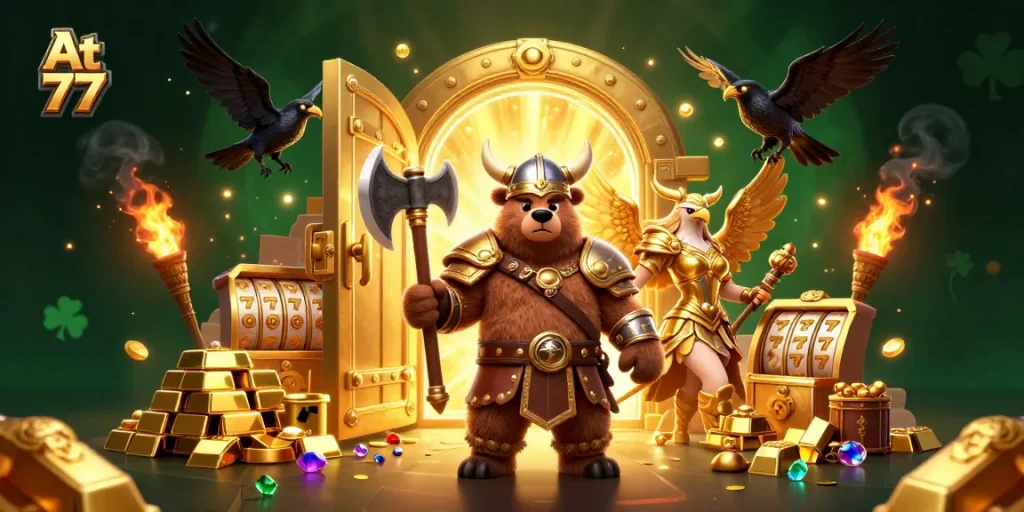 At 77, the Viking berserker and Valkyrie eagle engage in an exciting online casino scene with gems and gold.