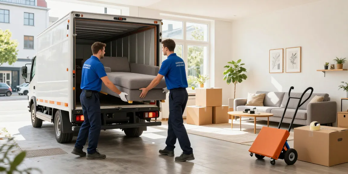 Efficient Wohnungsentrümpelung Berlin with movers loading a couch and boxes into a truck in a spacious apartment.