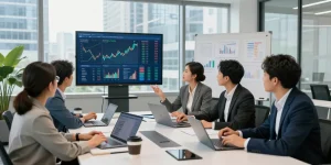 Business professionals collaborating in a vibrant office environment, highlighting cibc digital business advancements for 2026.