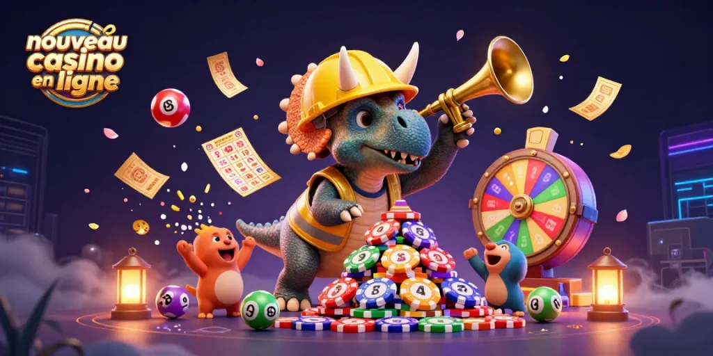 Image artistique d'un nouveau casino en ligne avec des personnages de dinosaures célébrant, entourés de jeux de loterie