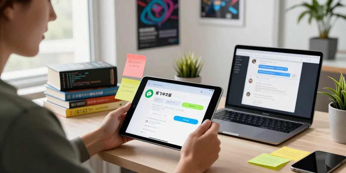 Engaged user exploring 纸飞机中文版 app on a tablet in a vibrant tech workspace.