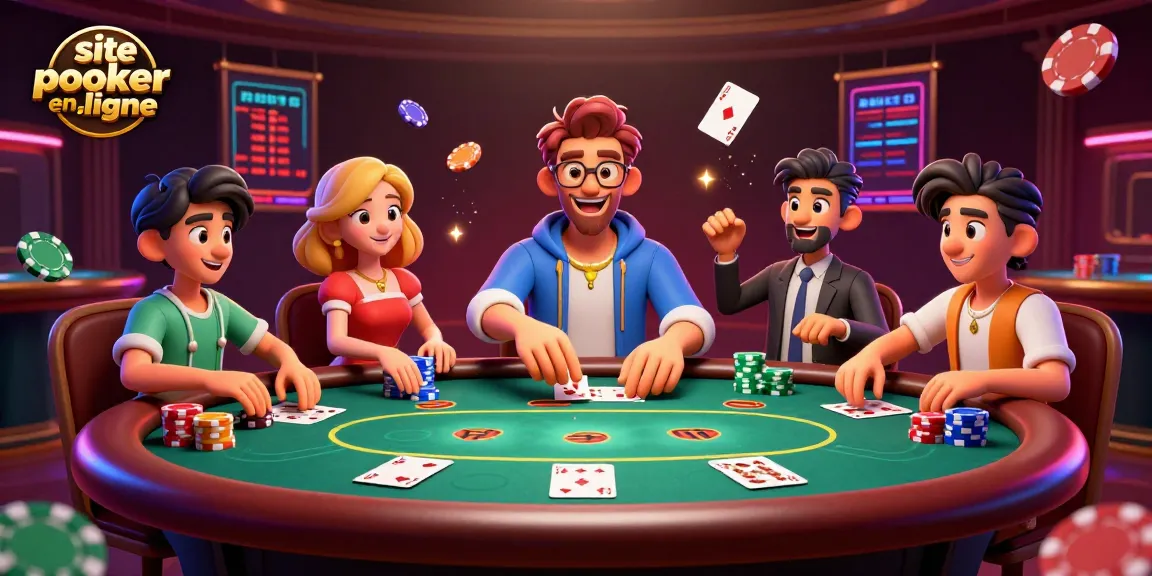 Jouez au poker sur le site de poker en ligne avec des personnages animés, des jetons et des cartes colorées.