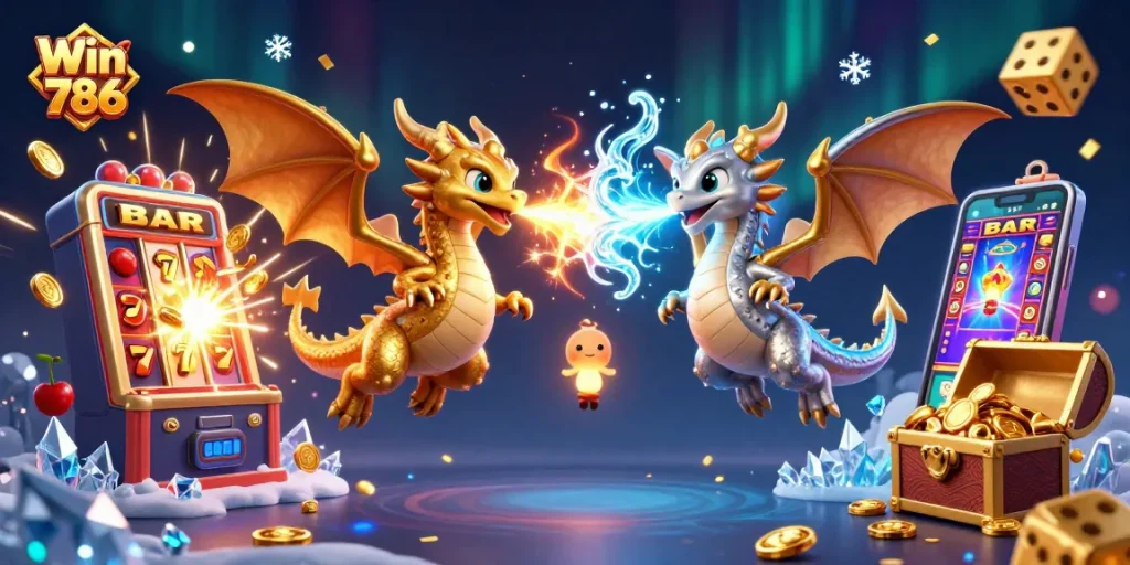 Experience thrilling gaming action with Win 786's majestic dragons and vibrant casino elements.