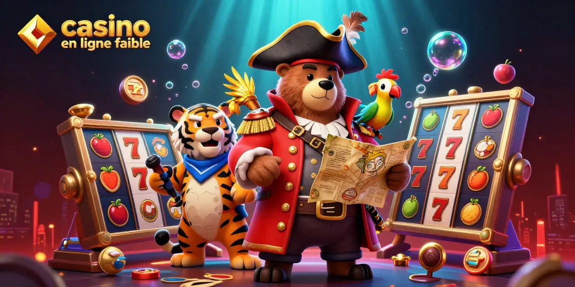 Casino en ligne fiable illustré avec un ours pirate et des machines à sous entourées d'éléments festifs.