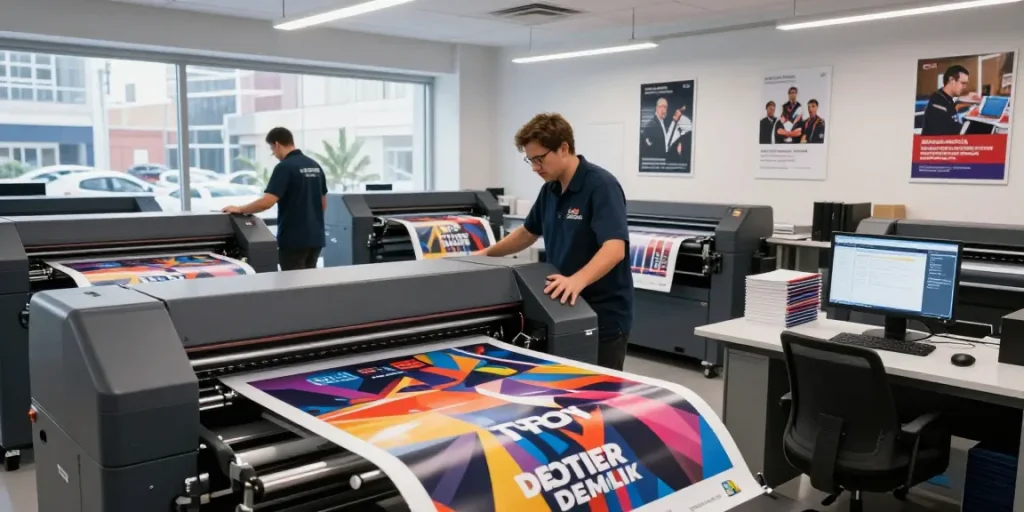 Innovative Poster Printer Machines in a modern workspace with vibrant designs.