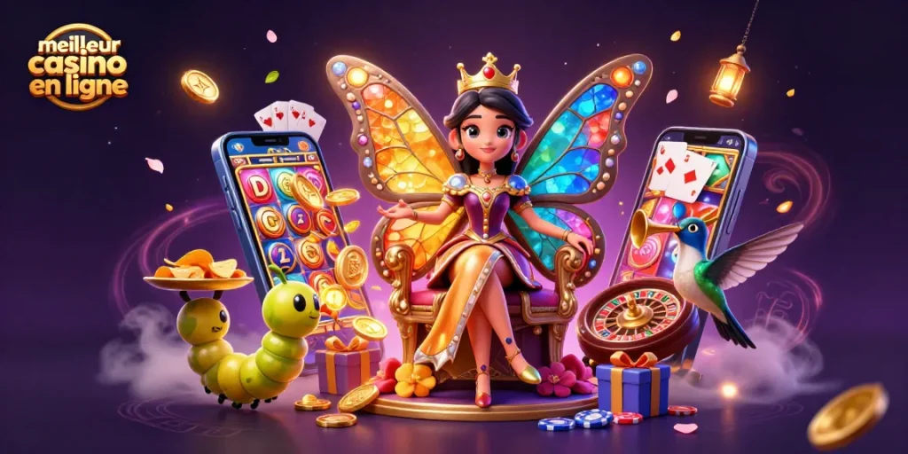 Jouez dans le meilleur casino en ligne en découvrant une illustration 3D dynamique avec des éléments captivants.