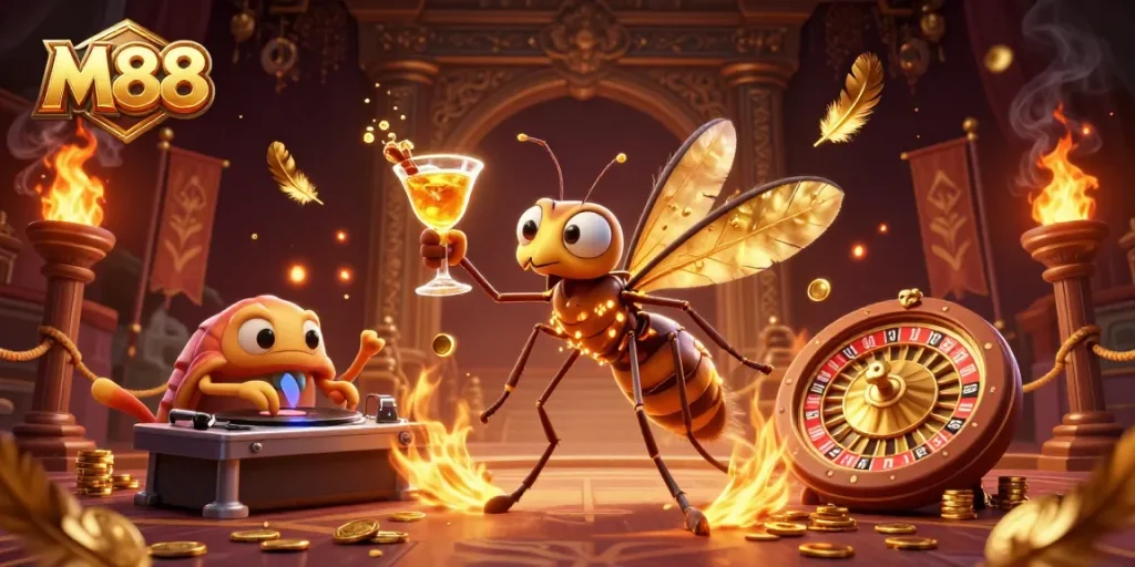 M88 brings to life a vibrant casino scene with a unique frozen-in-amber mascot and engaging gaming elements.