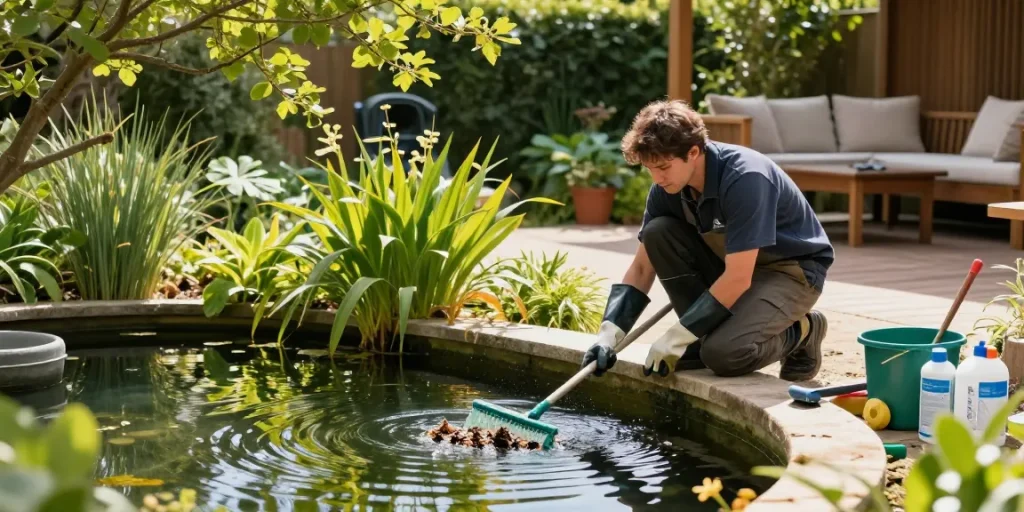 Professional Pond Cleaning Essex scene with technician cleaning a serene backyard pond