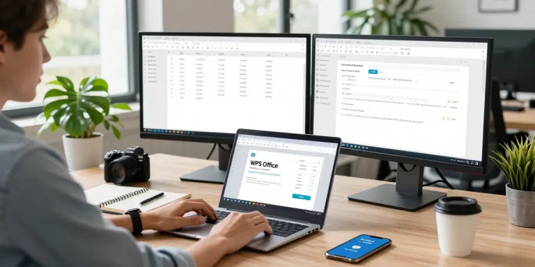 Efficient workspace featuring WPS下载 software on dual monitors and a laptop in a modern office setting