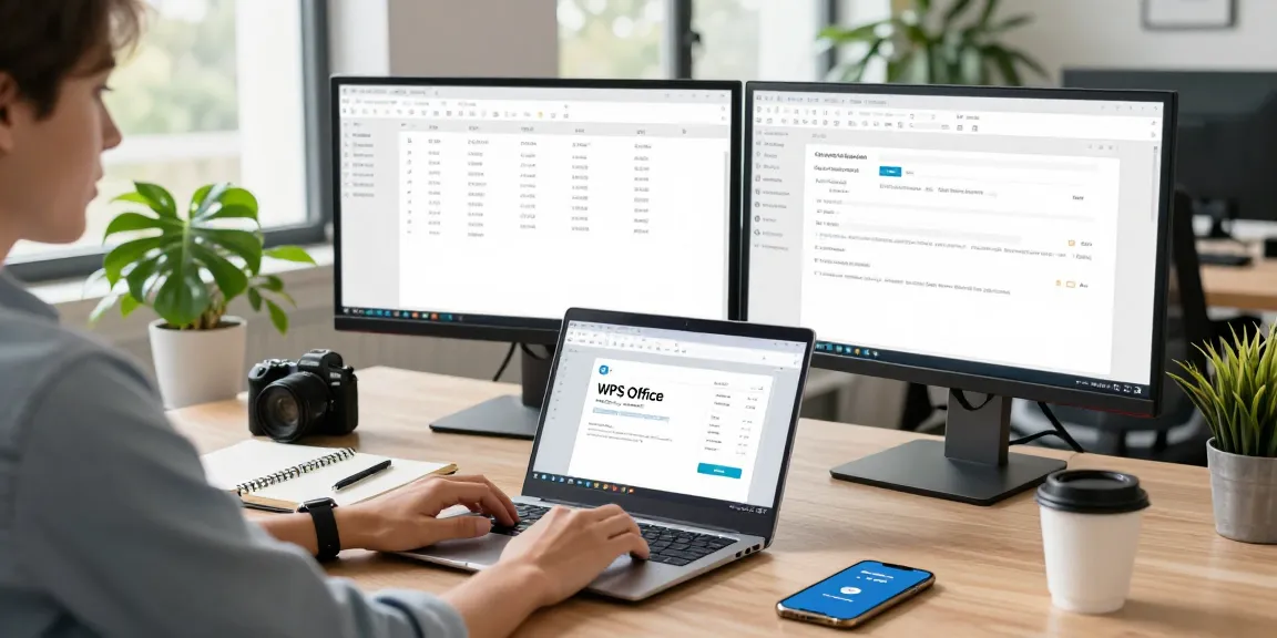 Efficient workspace featuring WPS下载 software on dual monitors and a laptop in a modern office setting