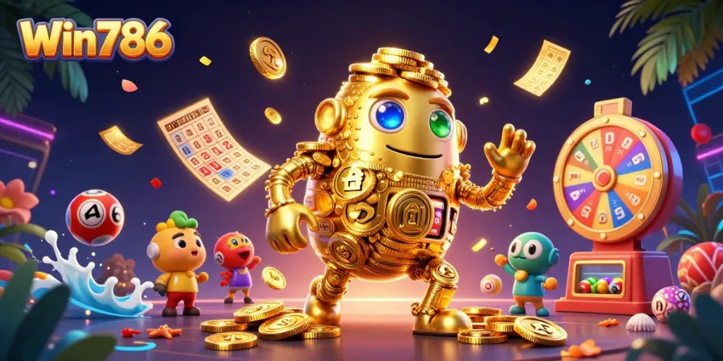 Win786 players experience excitement with the animated golden golem amidst vibrant casino elements.