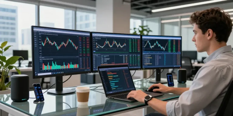Trader using MetaTrader 5 on multiple screens in a modern office for financial analysis and trading.