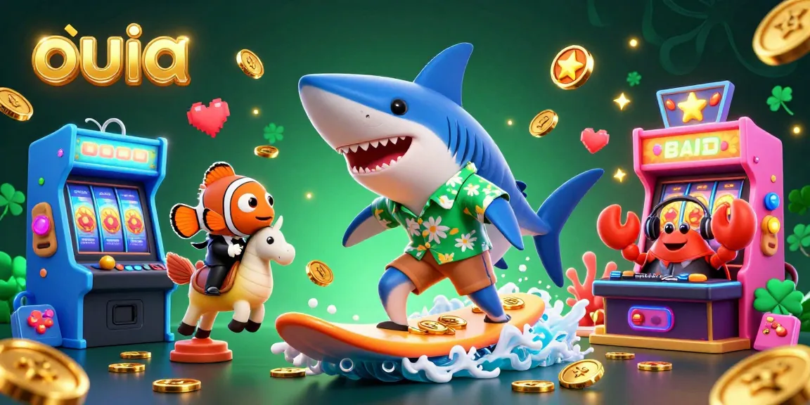 Join the fun with ouia as a hammer-head shark surfs gold coins in a vibrant casino scene.