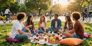 Friends enjoying outdoor gathering at urban park with snacks and laughter, representing rokok88 community spirit.