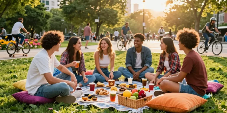 Friends enjoying outdoor gathering at urban park with snacks and laughter, representing rokok88 community spirit.