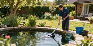 Professional Pond Cleaning Essex service in action, technician cleaning a sparkling pond in a serene garden setting.