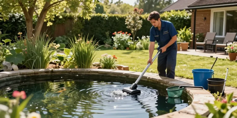 Professional Pond Cleaning Essex service in action, technician cleaning a sparkling pond in a serene garden setting.