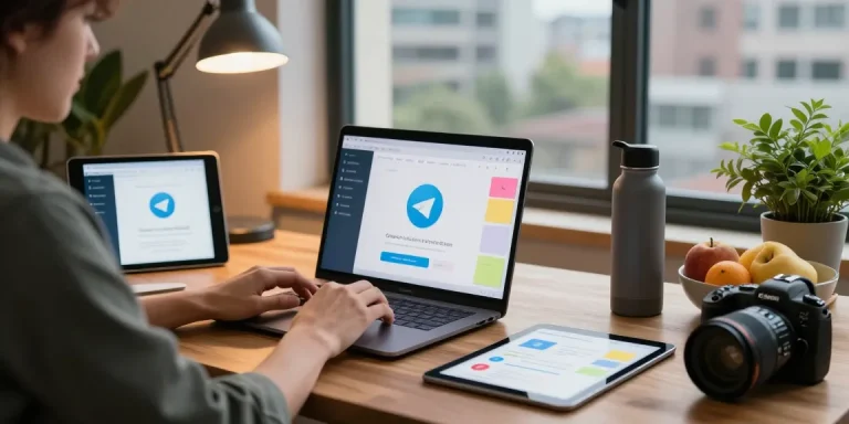 Engaging workspace showcasing Telegram Download on a laptop, demonstrating productivity and modern communication.