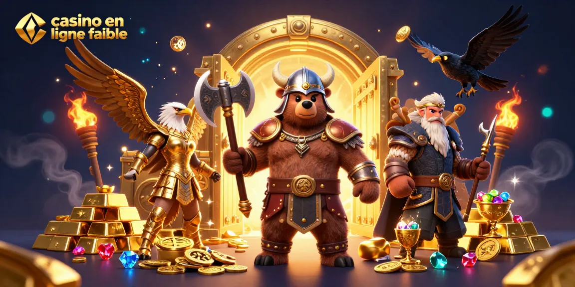 Casino en ligne fiable : illustration dynamique d'un ours viking et une aigle valkyrie sur fond doré.