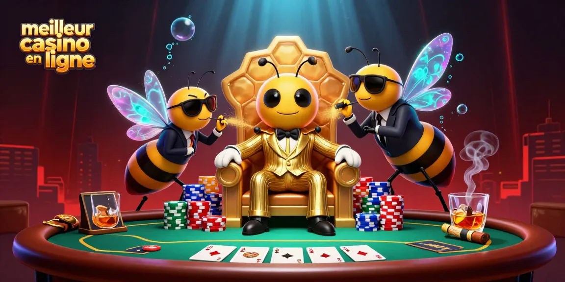 Illustration 3D d'un meilleur casino en ligne avec un patron abeille et des éléments de poker, captivant et graphique.