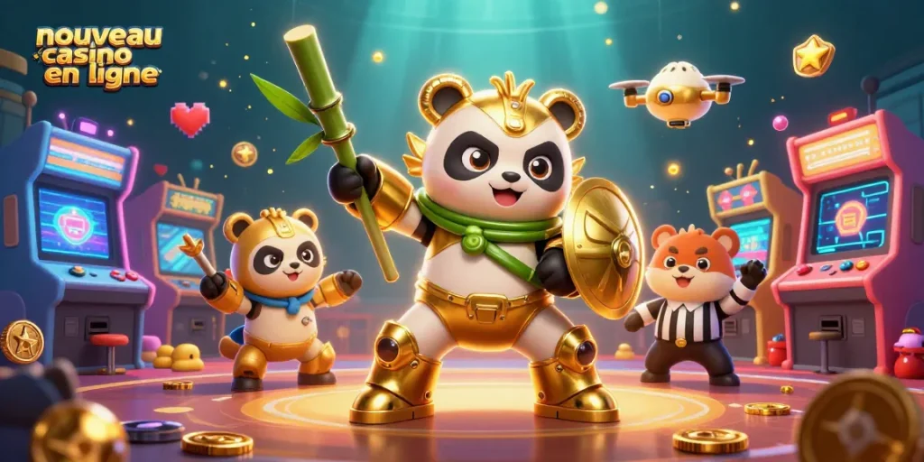 Plongez dans l'univers du nouveau casino en ligne avec une illustration captivante représentant un panda en armure pilotant un robot de combat au milieu d'une fête ludique.