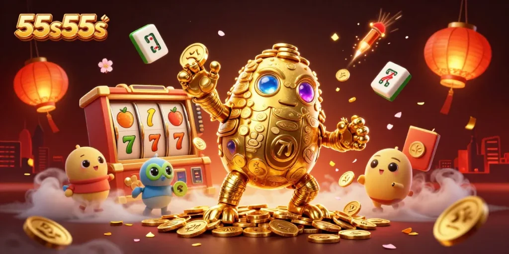 Atrair jackpots emocionantes com 55s55s, apresentando um golem de moedas douradas em uma cena vibrante repleta de símbolos de caça-níqueis.