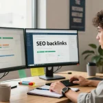 SEO backlinks analysis in a modern digital marketing office with analytical tools.